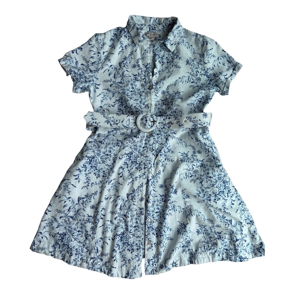 Laura Ashley Blue White Floral Linen Blend Belted Shirt Dress M‎